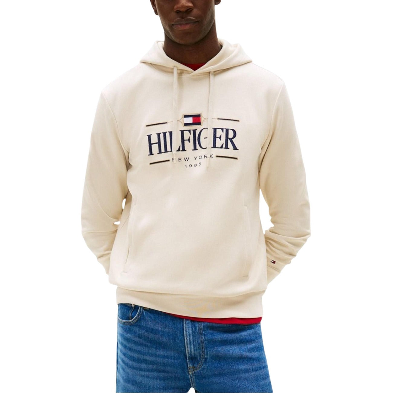 Tommy Hilfiger Felpa Uomo con Cappuccio e Stampa - Beige