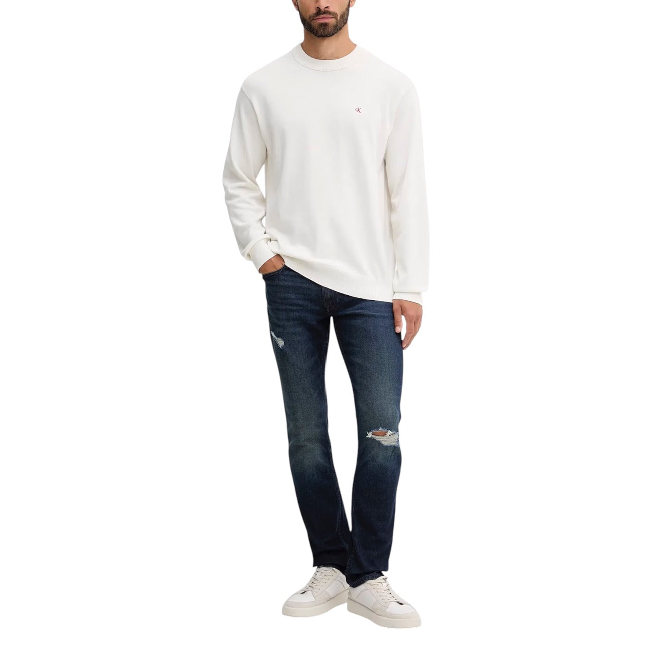 Calvin Klein Jeans Maglia Uomo Cotone Collo Tondo Bianco A/I