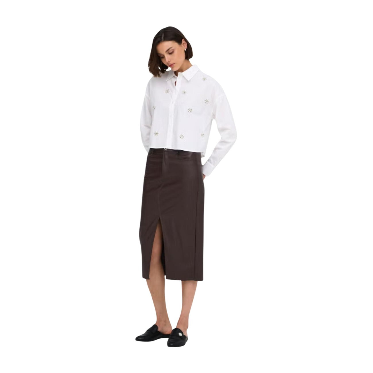 Only Gonna in Finta Donna Marrone ONLBITTEN FAUX LEATH PENCIL SKIRT CC OTW