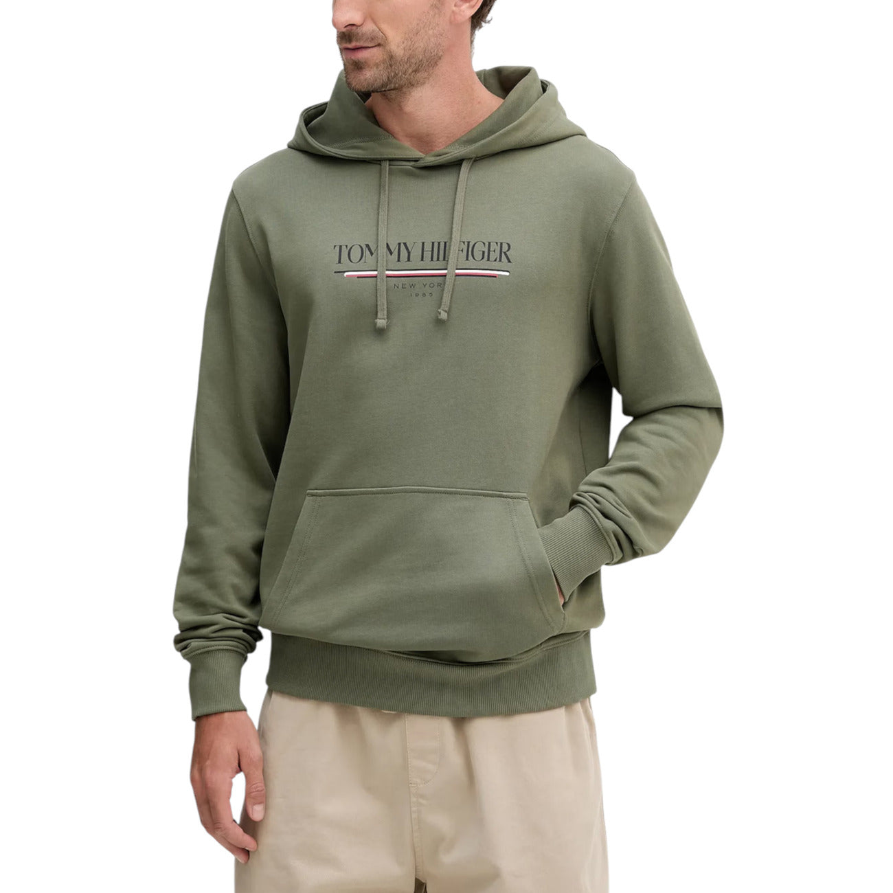Tommy Hilfiger Felpa Uomo con Cappuccio Stampa Verde - Cotone Organico
