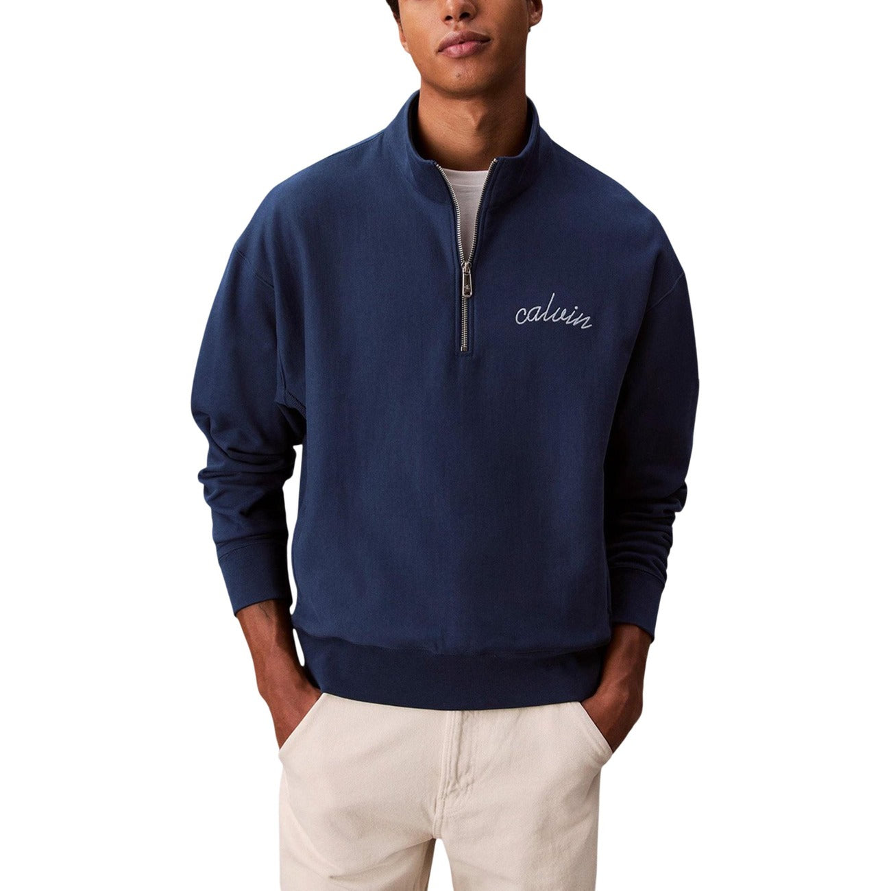 Calvin Klein Jeans Bianca con Zip e Collo Alto Felpa Uomo Bianco