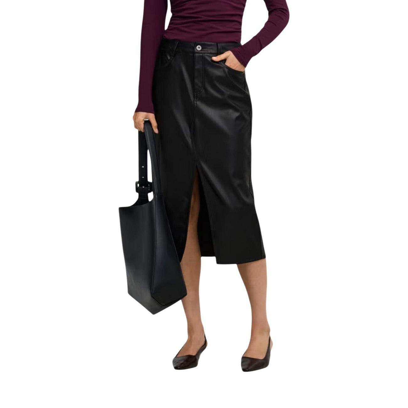 Only Gonna in Finta Donna Marrone ONLBITTEN FAUX LEATH PENCIL SKIRT CC OTW