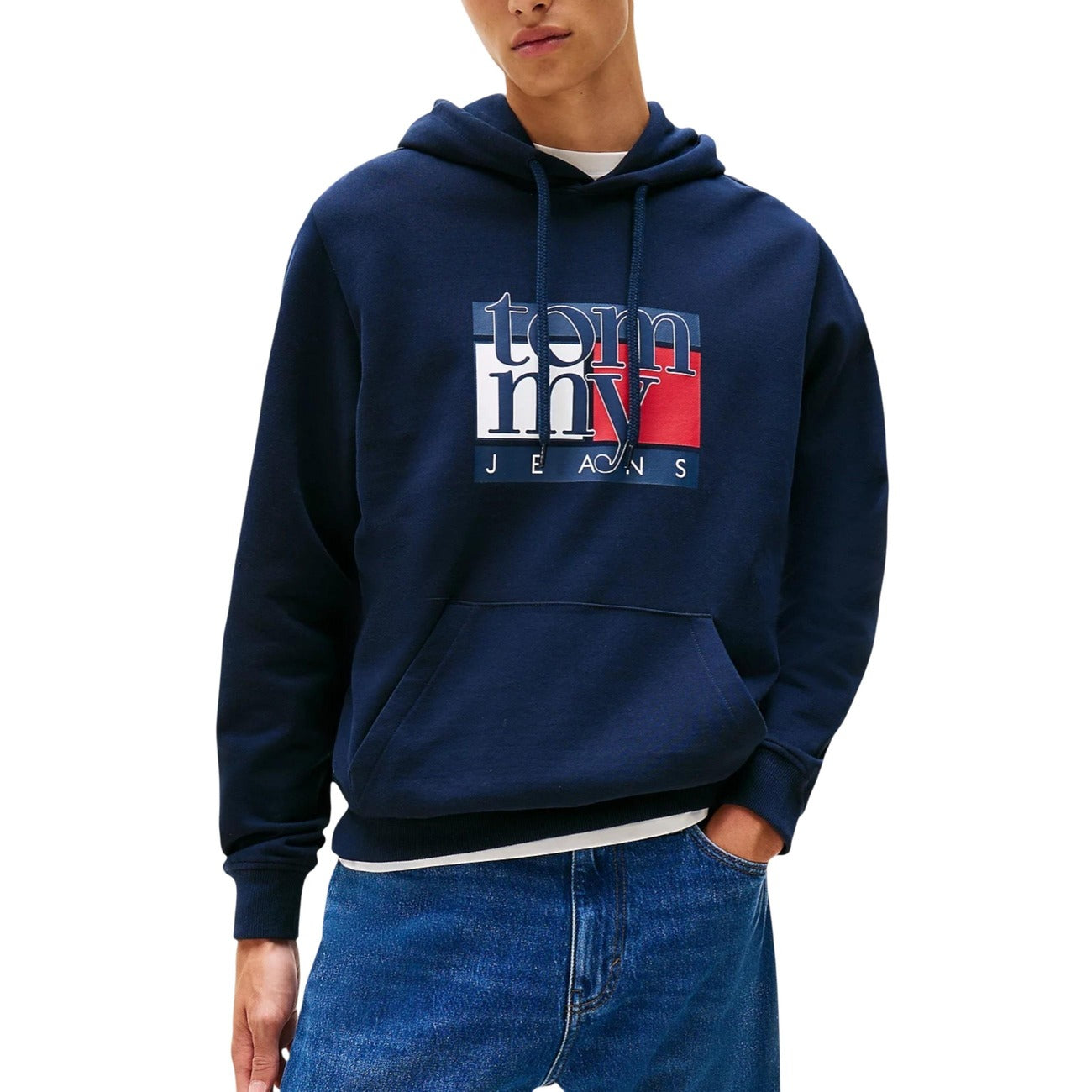 Felpa Tommy Hilfiger Jeans Uomo Nera con Cappuccio e Stampa