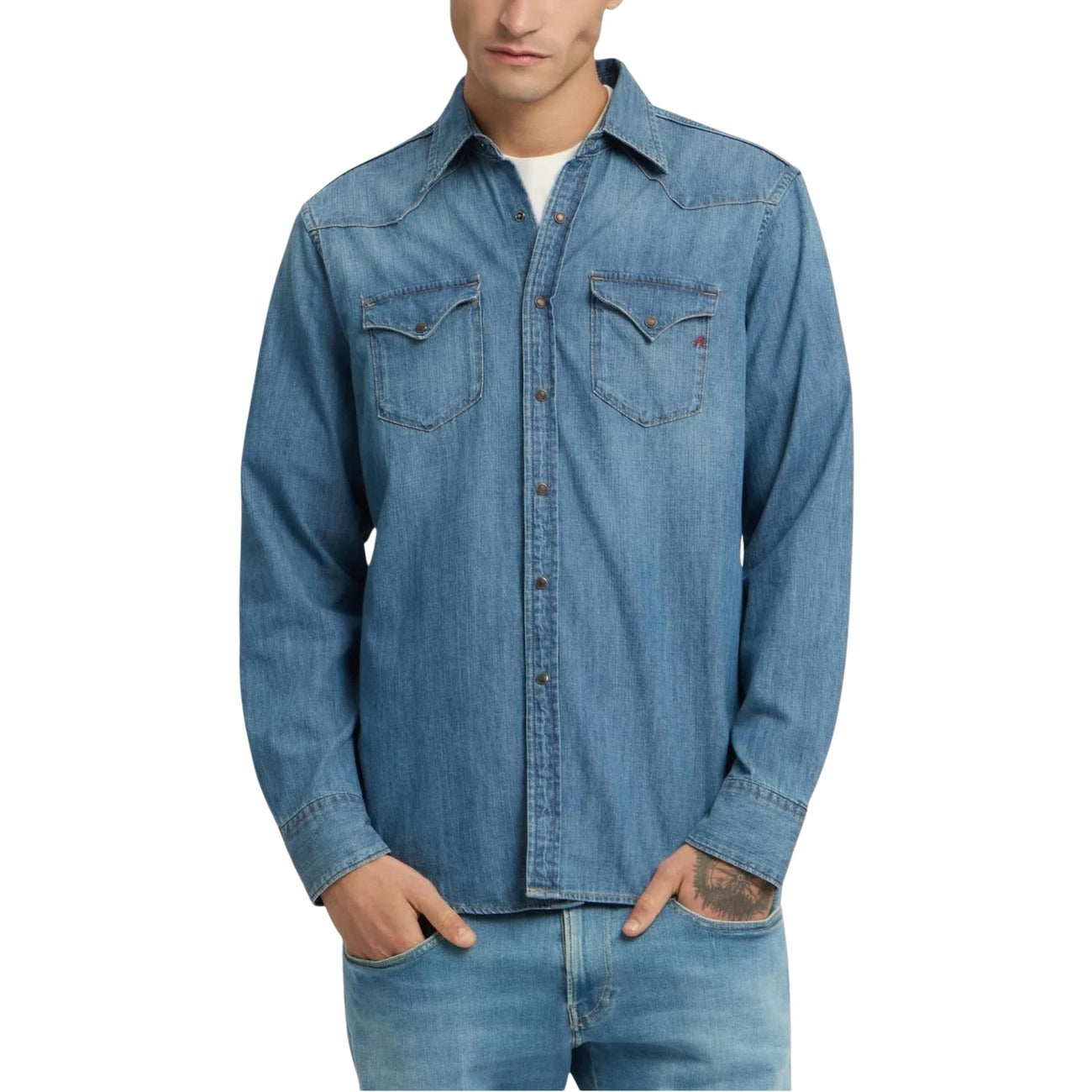 Camicia Uomo Azzurra Maniche Lunghe Replay