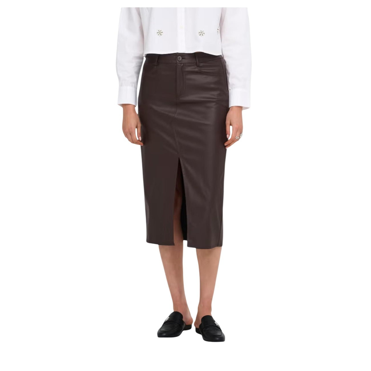 Only Gonna in Finta Donna Marrone ONLBITTEN FAUX LEATH PENCIL SKIRT CC OTW