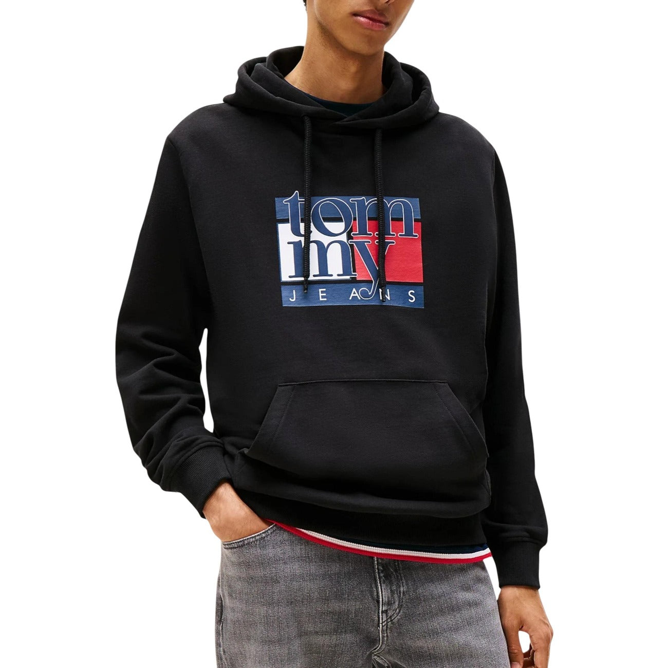 Felpa Tommy Hilfiger Jeans Uomo Nera con Cappuccio e Stampa