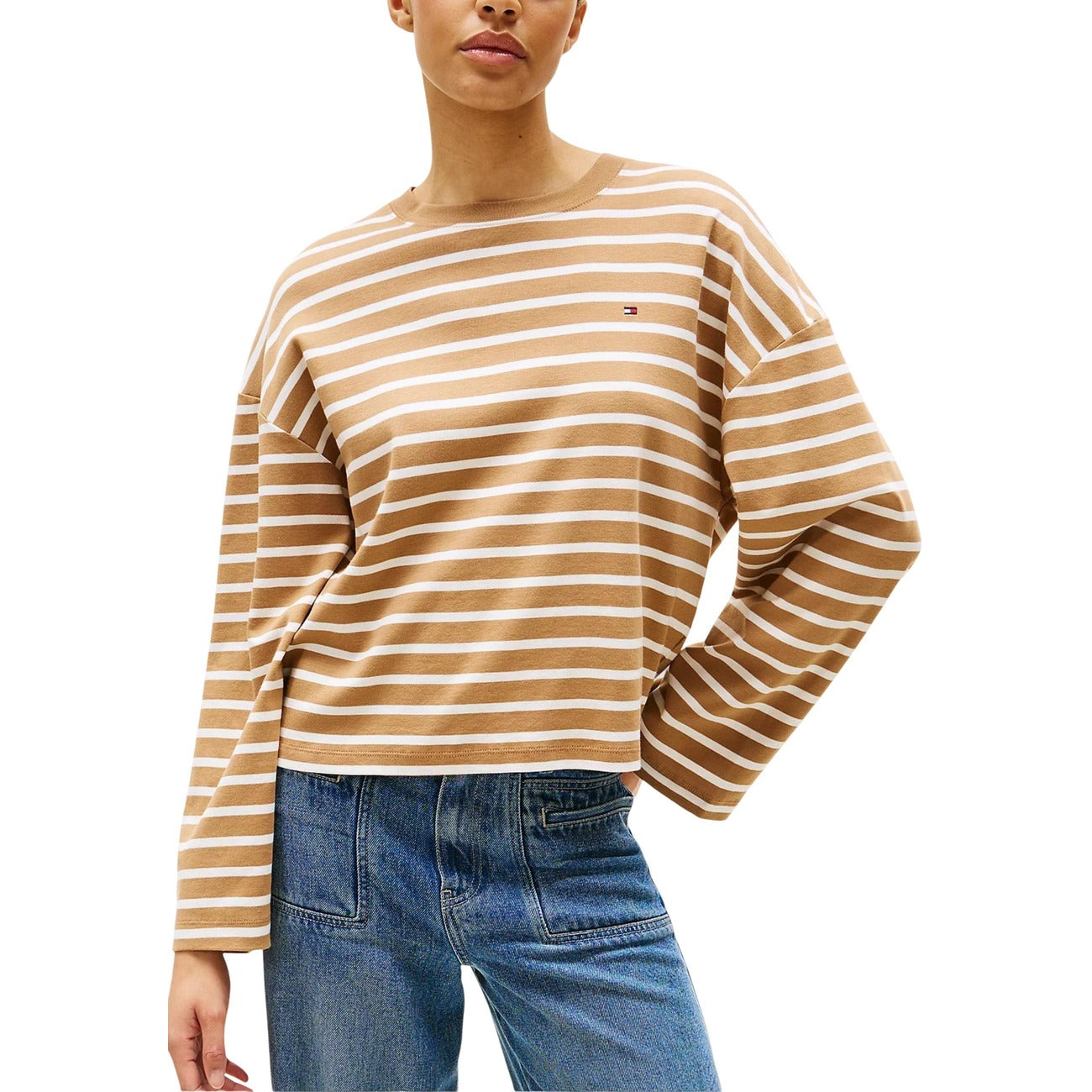 T-shirt Donna a Righe Maniche Lunghe, Marrone Tommy Hilfiger