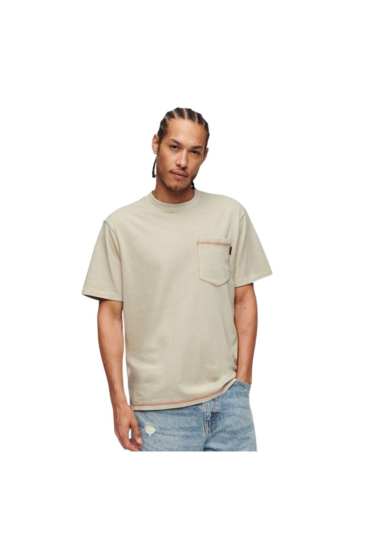 T-shirt with pocket and contrast stitching Beige
